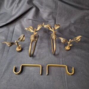 Vintage Gold Leaf Curtain Rod Hardware Set Finials Tieback Hooks and Brackets